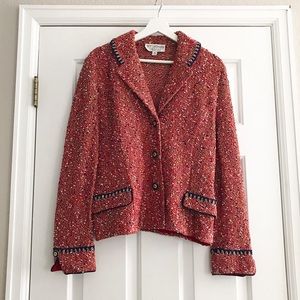 St. John Red Tweed Wool Blend Jacket with Navy Trim